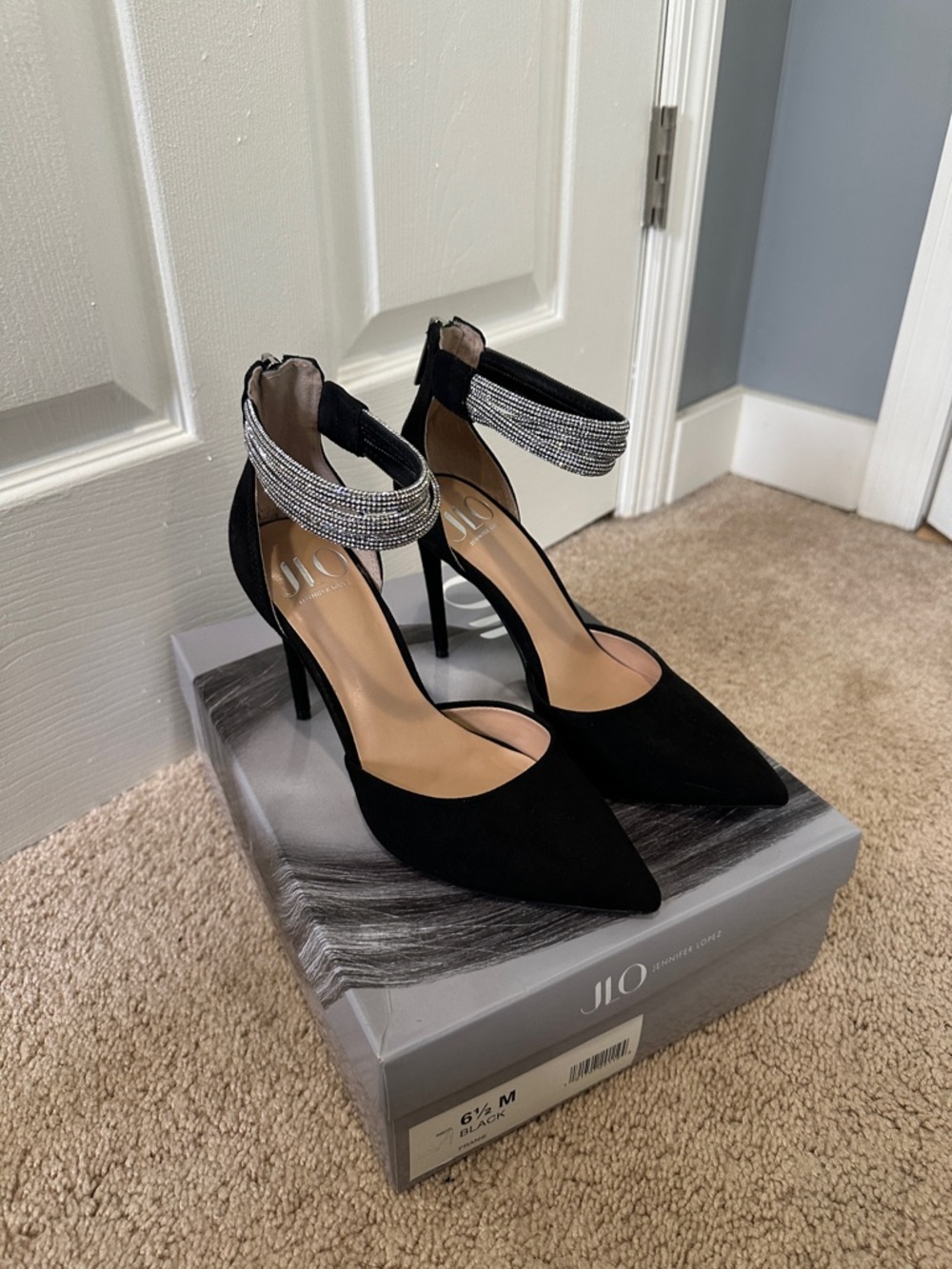 Jennifer Lopez Black Pointed Stiletto Heels with Rhinestone Ankle Straps